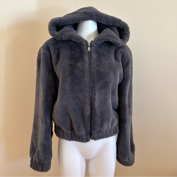 Avec Les Filles Faux Fur Jacket Graphite Gray Small Cropped Hoodie Teddy - Picture 6 of 6